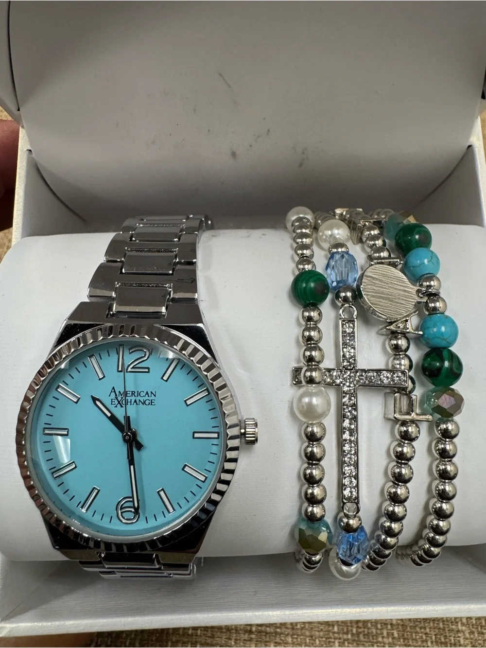 American Exchange Women’s Quartz Silver Tone Blue Dial Bracelet Box Set